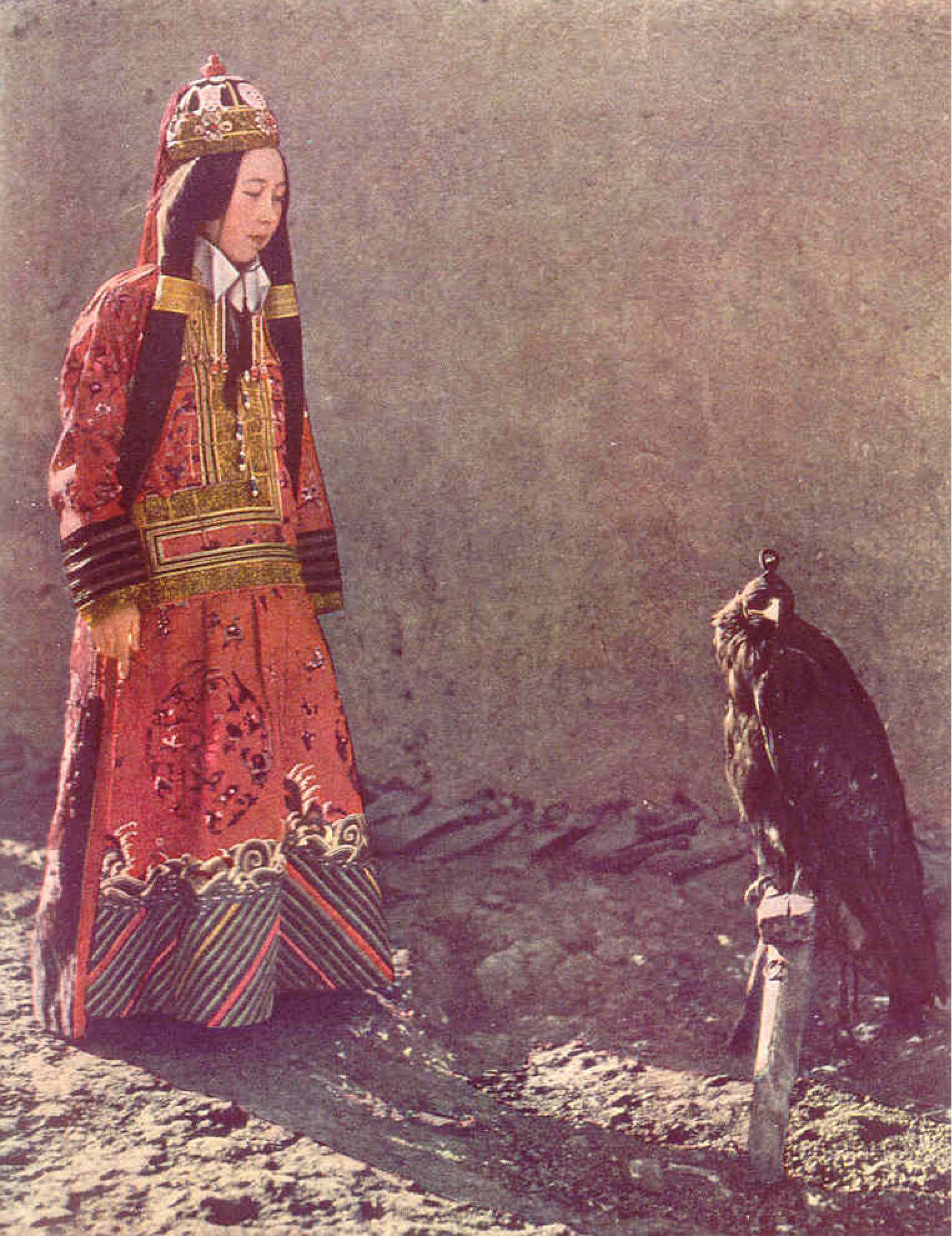Princess Nirgidma with her hooded hunting eagle at Urumchi
